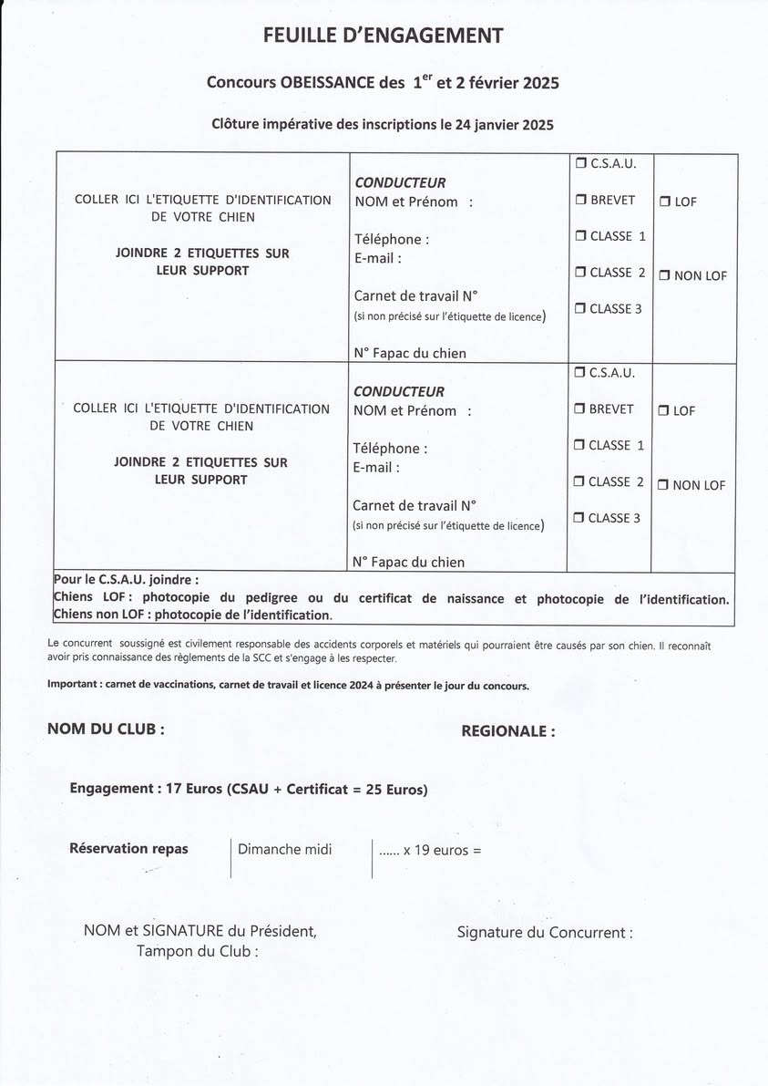 Concours obéissance les 1 & 2 Février 2025